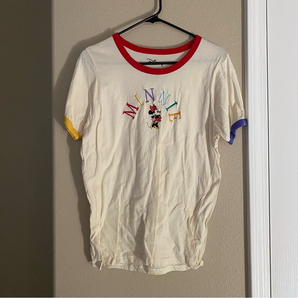 DISNEY Tan Multicolor Minnie Embroidered Raglan Short Sleeve Tee